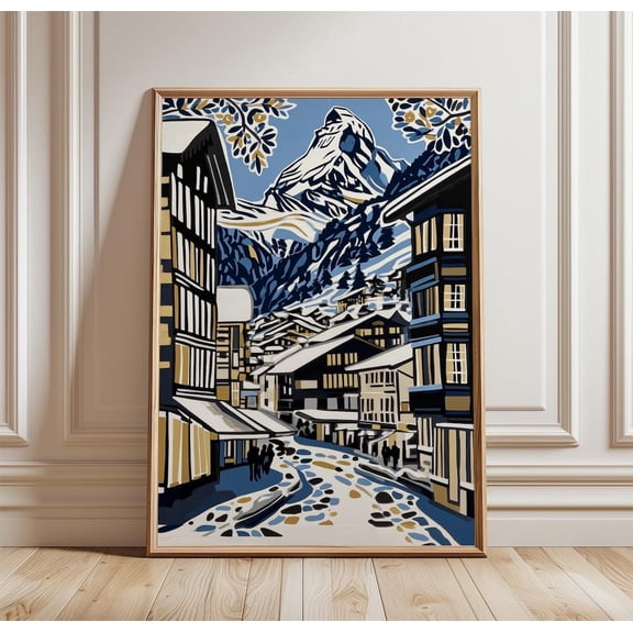 Zermatt Matterhorn Alpine Street Snow Scene Switzerland Mountain Village Art, Unframed Paper Print