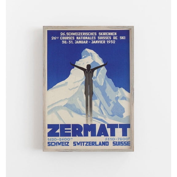 Zermatt Switzerland Ski Travel Poster - Vintage Art Deco Alpine Mountain Landscape Print - Classic European Winter Wall Decor Size 24x36 Unframed Poster