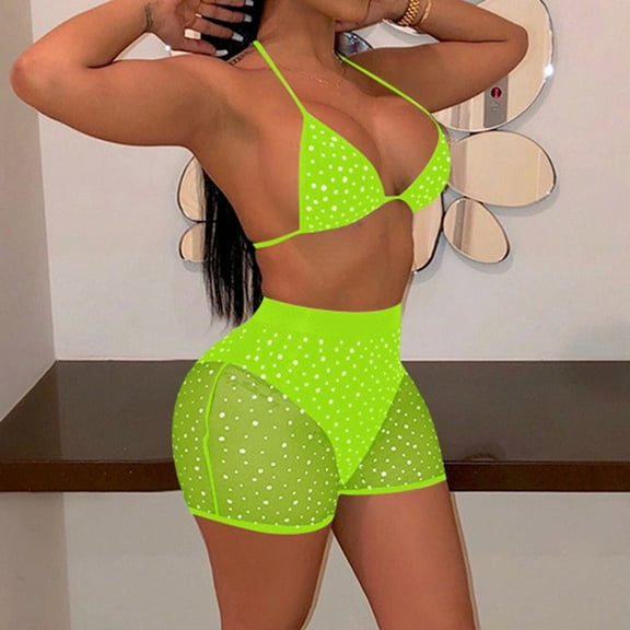 Zermoge Womens Swimwear Swimsuit, Womens Mesh Sequins Shorts Bikini Push-Up Pad Swimwear Swimsuit Beachwear Set
