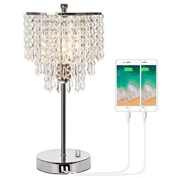 Zermurd Chrome LED Crystal Dimmable 1-Light Table Lamp with 2 USB Ports