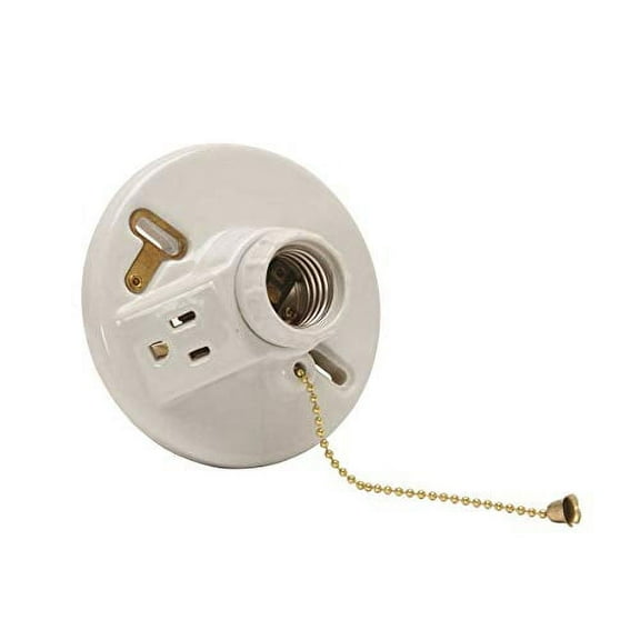 Zero 612431 lampholder 125 volt Porcelain Pull Chain Light Fixture, Lampholder with Outlet in White, Porcelain