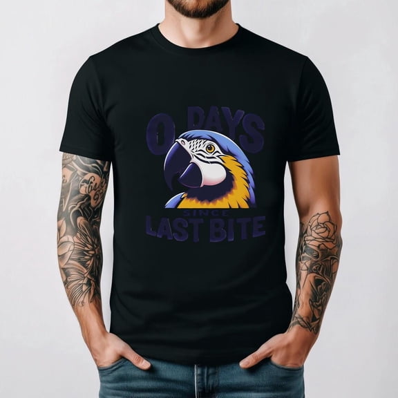 Zero Days Since Last Bite Funny Parrot Humor Bird Lover Retro Graphic Unisex T-Shirt, for men & women, up to size 5XL.
