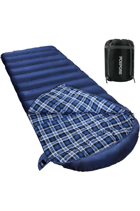 Zero-Degree Oversized Rectangular Sleeping Bag for Adults Blue, 90" x 39", All-Season Cotton-Flannel Interior, Polyester Shell, Minus 4 C Rating, Includes Compression Sack