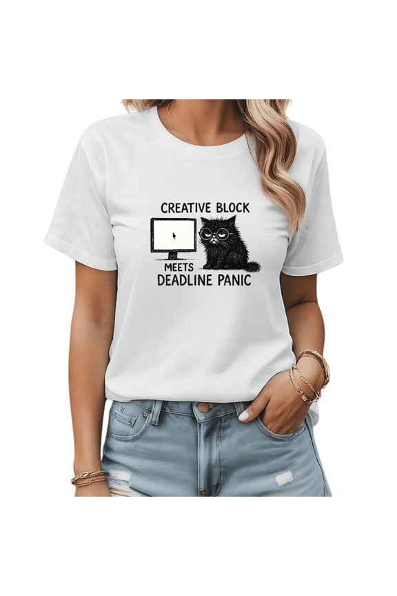 Zero Draft Panic White S-5XL Cotton Glare Cat Blank Screen Mess Tee Graphic Tees Shirts Women Casual Tops