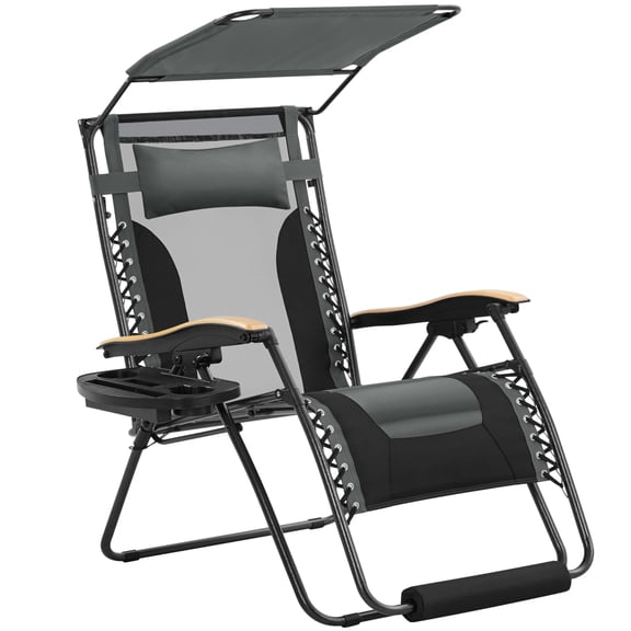 Zero Gravity Chair, 29in Adjustable Recliner with Padded Seat, Cup Holder Tray, Canopy Shade, Headrest, Foldable for Beach Camping Patio Backyard, Gray