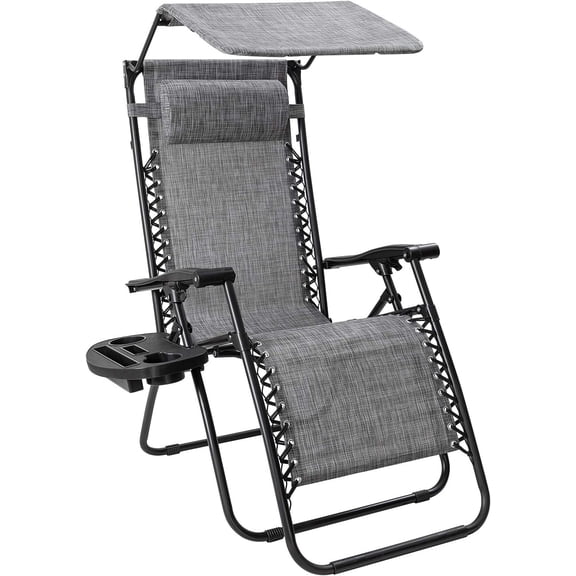 Zero Gravity Chair with Canopy Outdoor Lounge Chair Folding Patio Recliners Adjustable Lawn Lounge Chair with Pillow for Poolside, Yard and Camping (Grey)