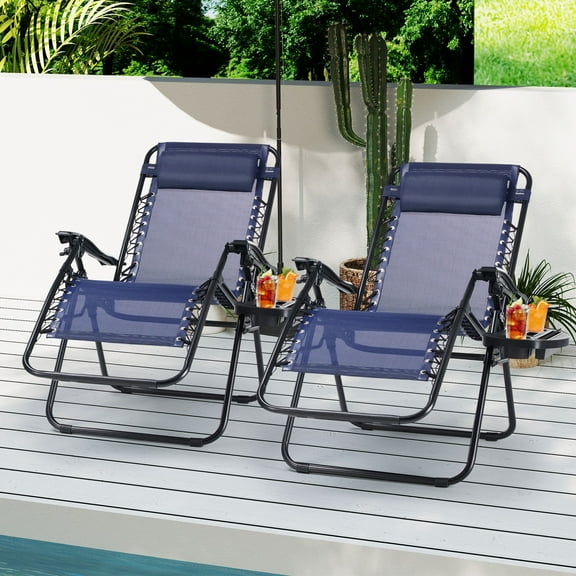 JONPONY Set of 2 Outdoor Patio Chaise Lounge Chairs,Folding Steel Mesh Zero Gravity Lounge Chair Recliners with Pillows and Cup Holder Trays for Beach Poolside Patio Sunbathing Lawn Camping,Blue