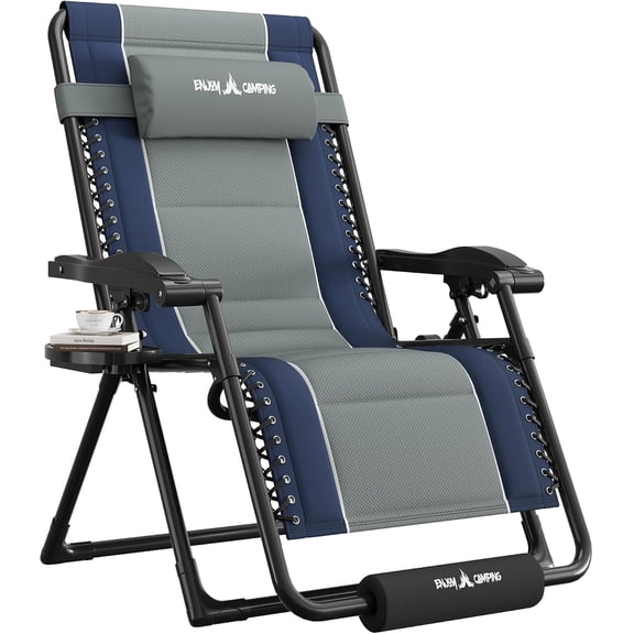 Zero Gravity Chair Oversized Outdoor Anti Gravity Chairs Patio Lounge Folding Adjustable Chair with Cup Holder, Foot Pad & Padded Headrest (1, Blue/Grey, 33in)