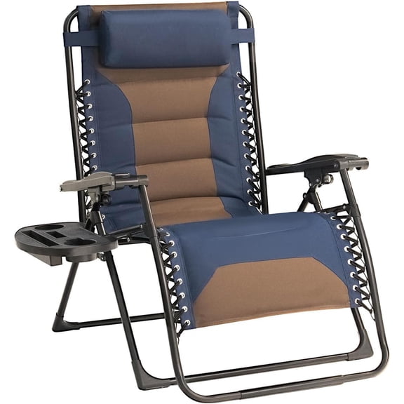 Zero Gravity Chair Oversized Padded Recliner with Adjustable Headrest & Cup Holder - 600D Oxford Folding Lounge Chair for Outdoor Camping, Patio, Poolside (Brown & Blue)
