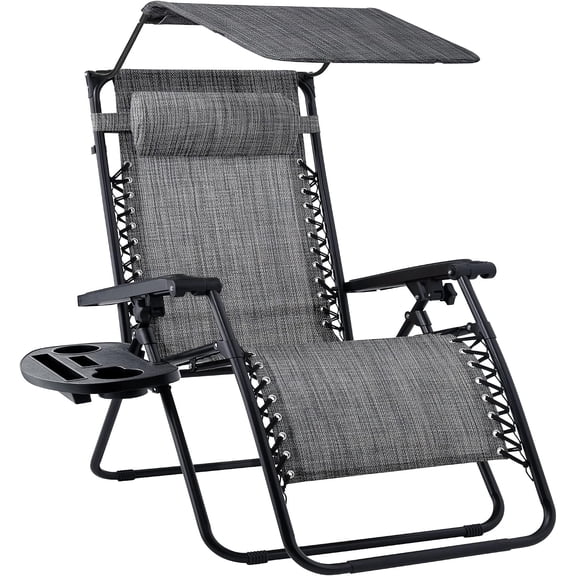Zero Gravity Chair Recliner w/Canopy Shade,Gray w/ Pillow and Cup Holder Tray, Foldable Lounge Chair with Adjustable Reclining Positions for Patio & Deck