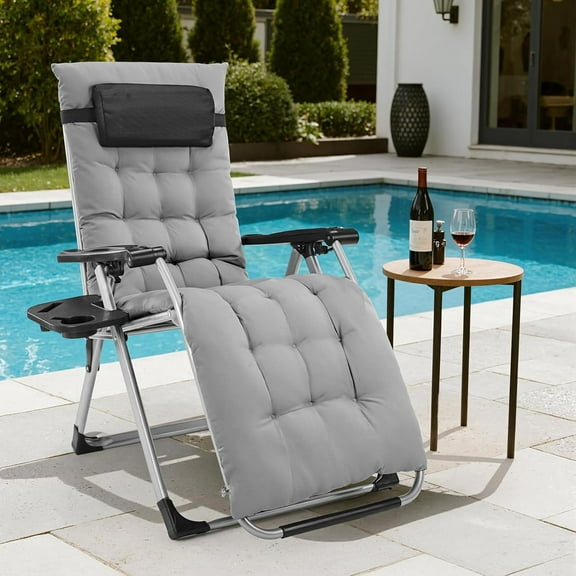 Zero Gravity Chair, Reclining Camping Lounge Chair for Outdoor, Reclining Chairs with Cup Holder Trays and Removable Cushion, Folding Recliner for Indoor, Grey