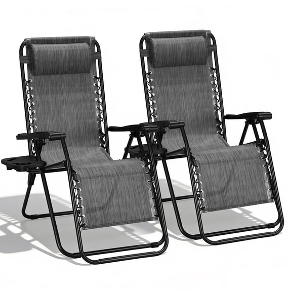 Zero Gravity Chair Set of 2 with Cup Holder & Removable Pillows, Adjustable Reclining Outdoor Patio Folding Chairs, Portable Lounge Chair for Poolside, Lawn, Beach, Camping