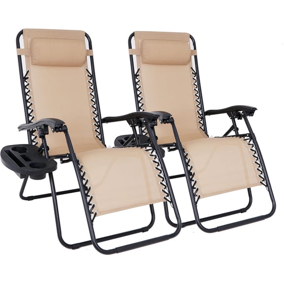 Zero Gravity Chair Set of 2 Folding Anti Gravity Recliner Outdoor Patio Beach Lounger Chair with Side Cup Holder Tray and Pillow for Patio, Poolside, Backyard, Deck, Heavy Duty Steel Frame