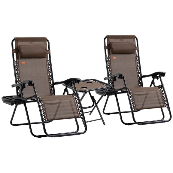 Zero Gravity Chair Set, 3 Piece Recliner with Side Table Cup Holder Headrest Brown Poolside Camping
