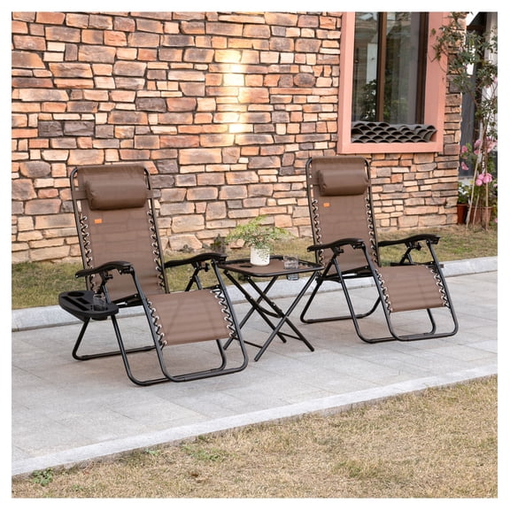 Zero Gravity Chair Set with Side Table, Folding Reclining Chair with Cupholders & Pillows, Adjustable Lounge Chairs for Pool, Backyard, Lawn, Beach, Brown