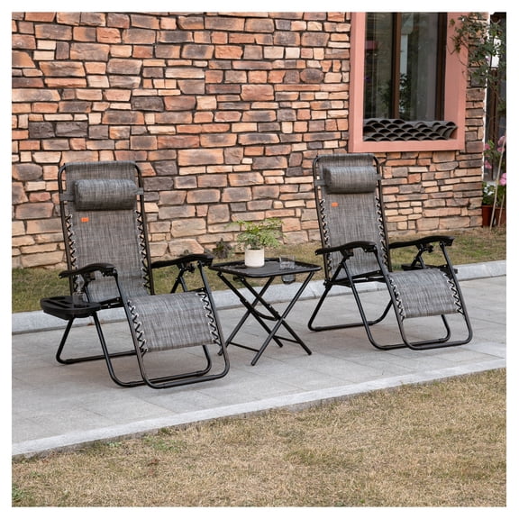 Zero Gravity Chair Set with Table, Folding Reclining Lounge Chairs with Cupholders & Pillows for Outdoor Use, Adjustable Patio Chairs for Backyard, Beach, Gray