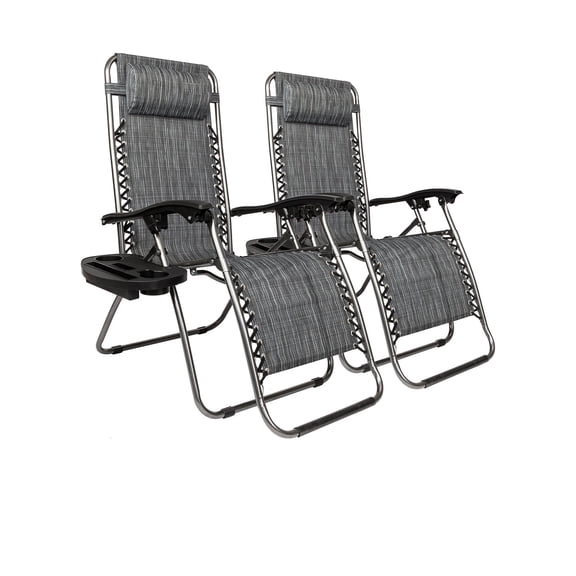 Zero Gravity Chair Set of 2, Outdoor Lounge Chairs with Pillow and Cup Holder, Patio Recliner for Deck, Patio, Beach, Yard, Gray