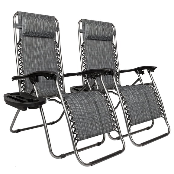 Zero Gravity Chair Set of 2, Outdoor Lounge Recliners with Pillow and Cup Holder, Patio Lawn Chairs for Deck, Beach, Yard, Home, Gray
