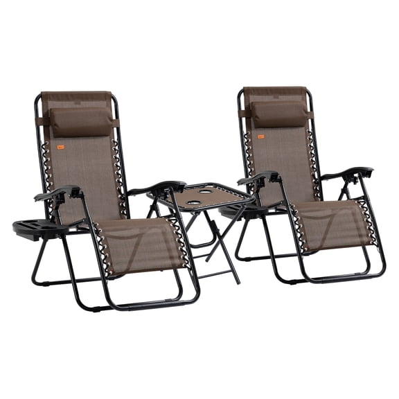 Zero Gravity Chair Set with Table, Reclining Folding Lounge Chairs with Cupholders & Pillows for Outdoor Use, Backyard, Beach, Brown