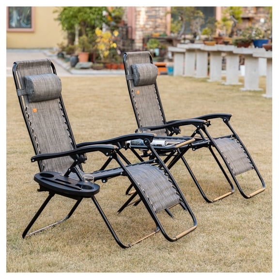 Zero Gravity Chair Set with Table, Reclining Lounge Chairs with Cupholders & Pillows, Folding Outdoor Patio Chairs for Beach, Backyard, Gray