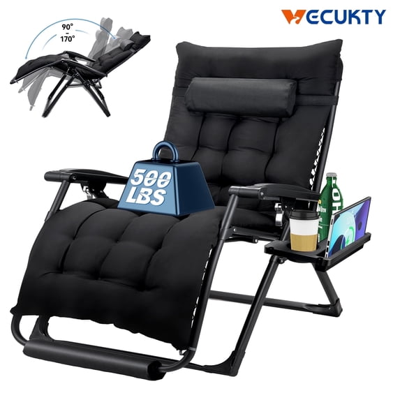 VECUKTY XL Oversize Zero Gravity Chair - 500lb Capacity, 29-Inch Wide Padded Seat, Folding Travel Recliner for Outdoor / Indoor Use - Patio, Lawn,Black,Portable and Heavy Duty