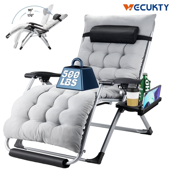 VECUKTY XL Oversize Zero Gravity Chair - 500lb Capacity, 29-Inch Wide Padded Seat, Folding Travel Recliner for Outdoor / Indoor Use - Patio, Lawn,Grey,Portable and Heavy Duty