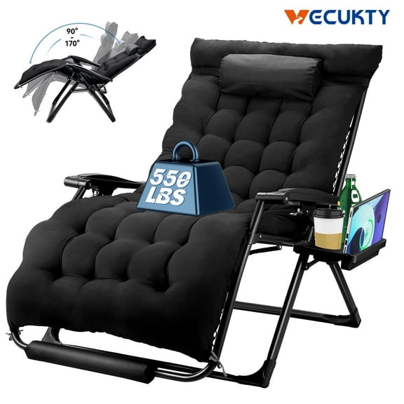 VECUKTY XXL Zero Gravity Chair Lounge Chair, 550lb Capacity 33-Inch Padded, Folding Outdoor Recliner for Patio, Lawn, Indoor, Black