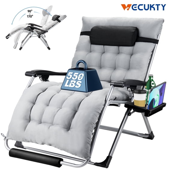 VECUKTY XXL Zero Gravity Chair Lounge Chair, 550lb Capacity 33-Inch Padded, Folding Outdoor Recliner for Patio, Lawn, Indoor, Grey
