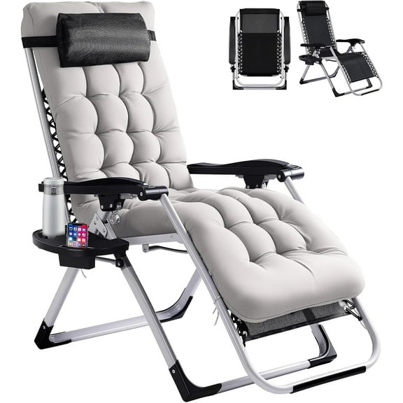 Zero Gravity Chair with Removable Cushion & Cup Holder, Folding Recliner for Indoor/Outdoor Use, Patio Lounge Chair, Gray