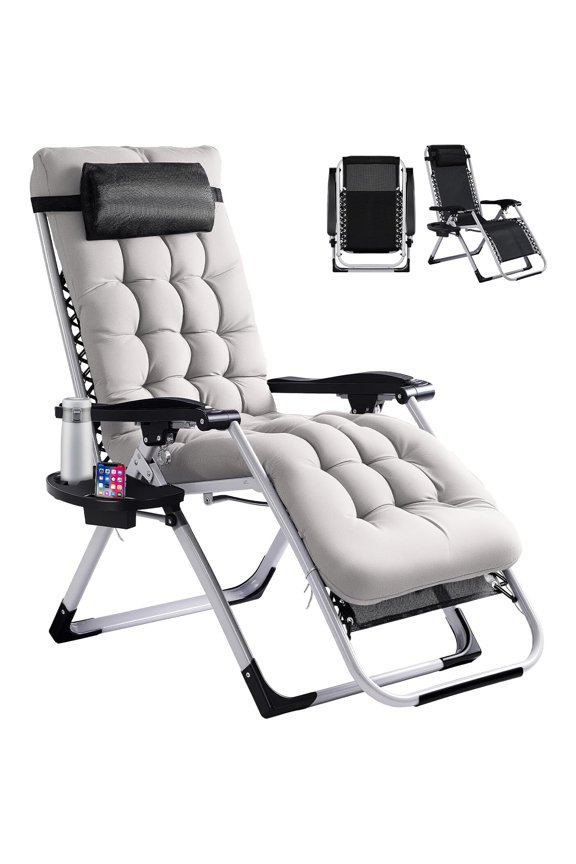 Zero Gravity Chair with Removable Cushion & Cup Holder, Folding Recliner for Indoor/Outdoor Use, Patio Lounge Chair, Gray