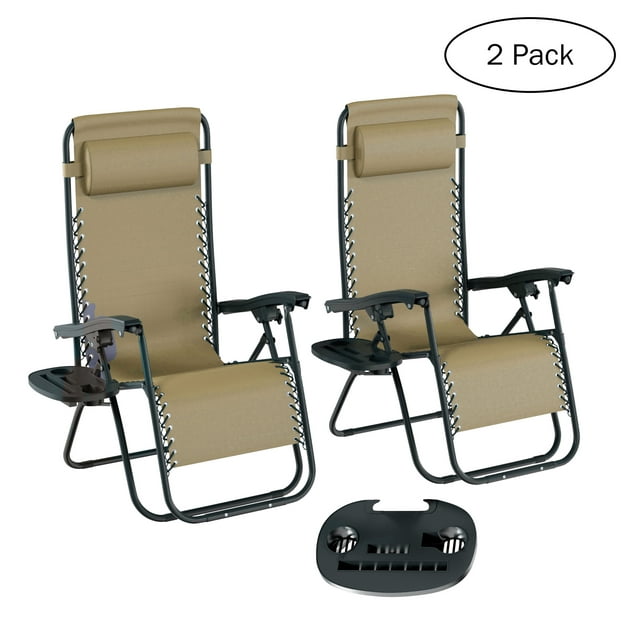 Zero Gravity Chairs ? Patio Furniture Set of 2 ? Folding Anti-Gravity Recliners with Side Table Cup Holder and Chair Pillow by Lavish Home (Beige)