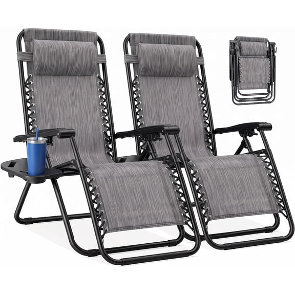 Zero Gravity Chairs Set of 2, Folding Lounge Recliner Chair | Portable Lawn Camping Recliner with Adjustable Pillow, Mesh Back, Cup Holder Trays for Pool Beach Patio, Grey