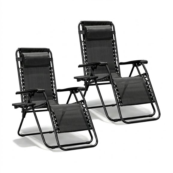 Zero Gravity Chairs Set of 2, 26-Inch Wide Mesh Seats with Metal Frames, 90-170 Reclining and Cup Holders, Ink Black, for Patio and Pool
