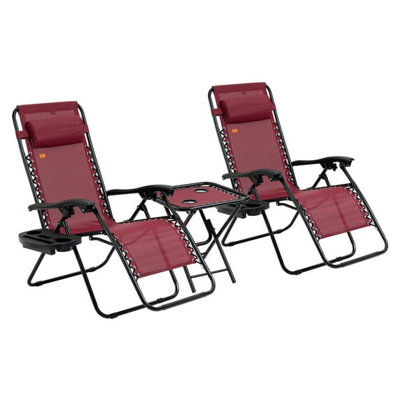 Zero Gravity Chairs Set of 2 with Table - Outdoor Reclining Lounge Chairs for Patio, Camping, Poolside - Wine Red