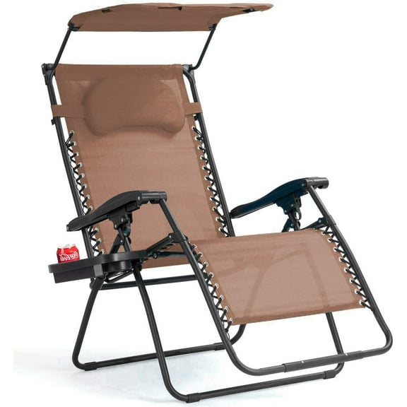 Zero Gravity Chairs, X-Large Folding Lounge Lawn Chair with Adjustable Backrest, Headrest, Cup Holder, Canopy for Patio Pool Porch Deck, Brown