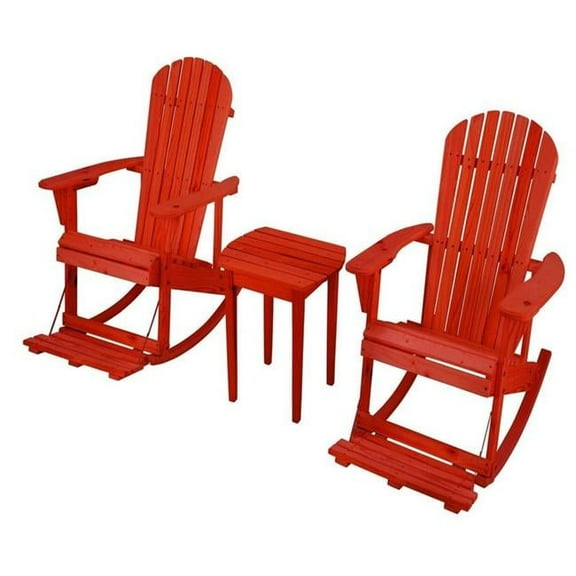 Zero Gravity Collection Red Adirondack Rocking Chair with Built-in Footrest Set of 2 Rocking Chairs and 1 End Table