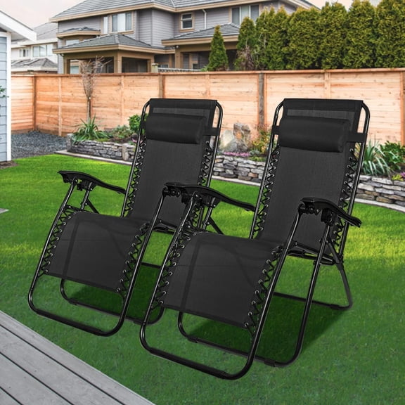Zero Gravity Folding Recliner Yard Beach Lounger Patio Lounge Chaise 2PC Reclining Seat Outdoor Furniture, Black