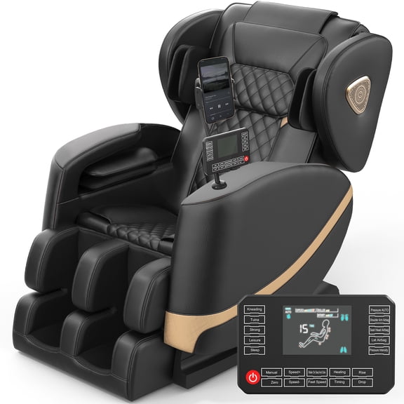 Zero Gravity Full Body Massage Chair with 10 Fixed Rollers, Soothing Heat Function, Deep-Kneading Foot Massager, Bluetooth Speakers, Black