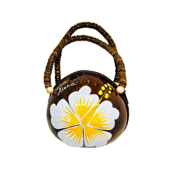 Zero Gravity Hawaii Real Coconut Shell Handbag or Coin Purse with White Painted Flower
