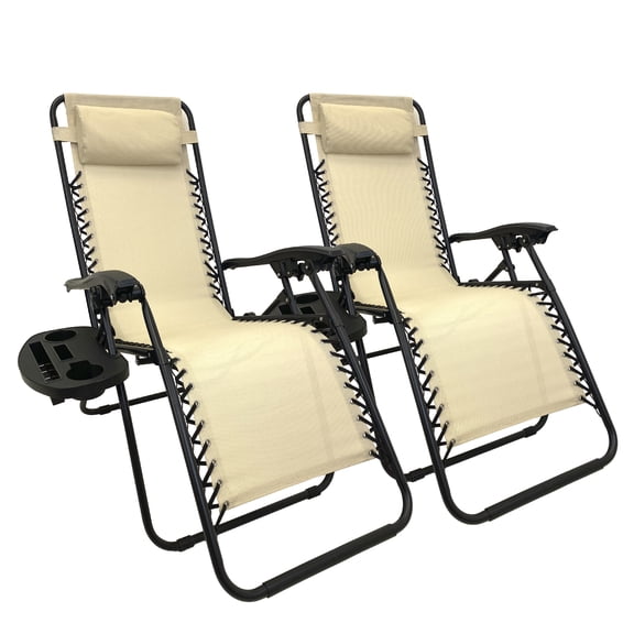 Zero Gravity Lawn Lounge Pillow and Cup Holder Furniture Outdoor Adjustable Dining Reclining Folding Chairs for Deck Patio Beach Yard, 2 Pack TAN
