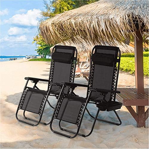 Zero Gravity Lounge Chair 2 Pack, Portable Folding Outdoor Patio Recliner Chair Headrest Pillows & Cup Holder Tray, 250lbs Anti-Gravity Adjustable Chair for Backyard Beach Pool Lawn, Black