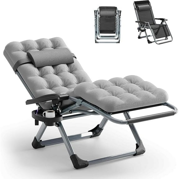 Zero Gravity Lounge Chair, Anti Gravity Lounger Removable Extra Thick Cushion, Upgraded Lock and Cup Holder, Folding Reclining Chairs Recliner for Patio, Camping, Indoor, Outdoor - Gray
