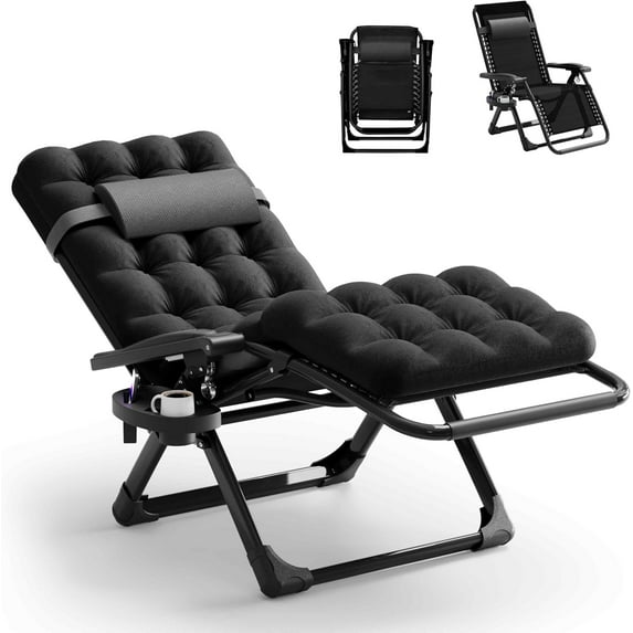 Zero Gravity Lounge Chair, Anti Gravity Lounger w/Removable Extra Thick Cushion, Upgraded Lock and Cup Holder, Folding Reclining Chairs Recliner for Patio, Camping, Indoor, Outdoor - Black