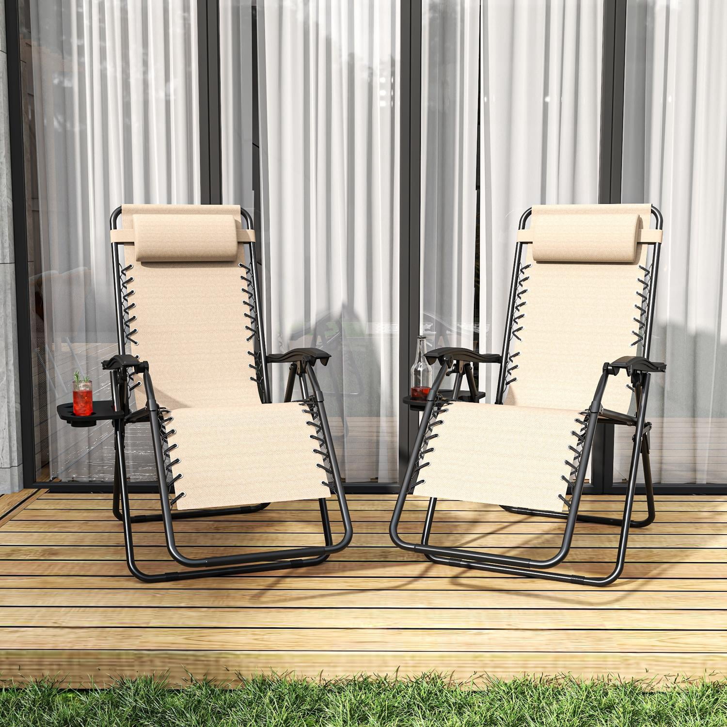 Zero Gravity Lounge Chair Folding with Headrest & Removable Tray, 300 lb Capacity Recliner 90-170° Adjustable, Portable Outdoor Chair for Patio Beach Camping, Khaki