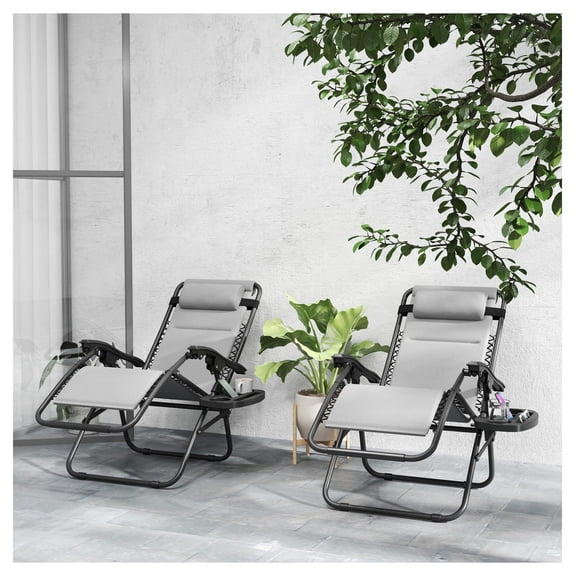 Zero Gravity Lounge Chair Set, 2pcs Reclining Folding Outdoor Chairs with Headrest & Tray - Light Gray