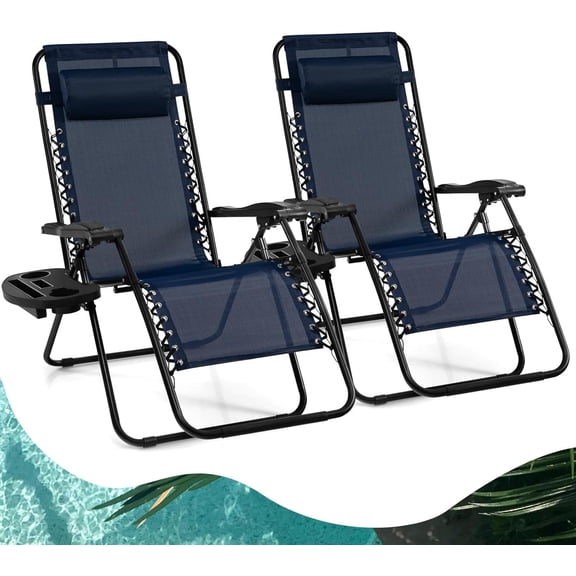 Zero Gravity Lounge Chairs, 160Adjustable Folding Recliner w/Pillow and Cup Holder, 350LBS Comfy Outdoor Lounge Chairs for Patio, Lawn, Yard & Camp(Set of 2, Navy)