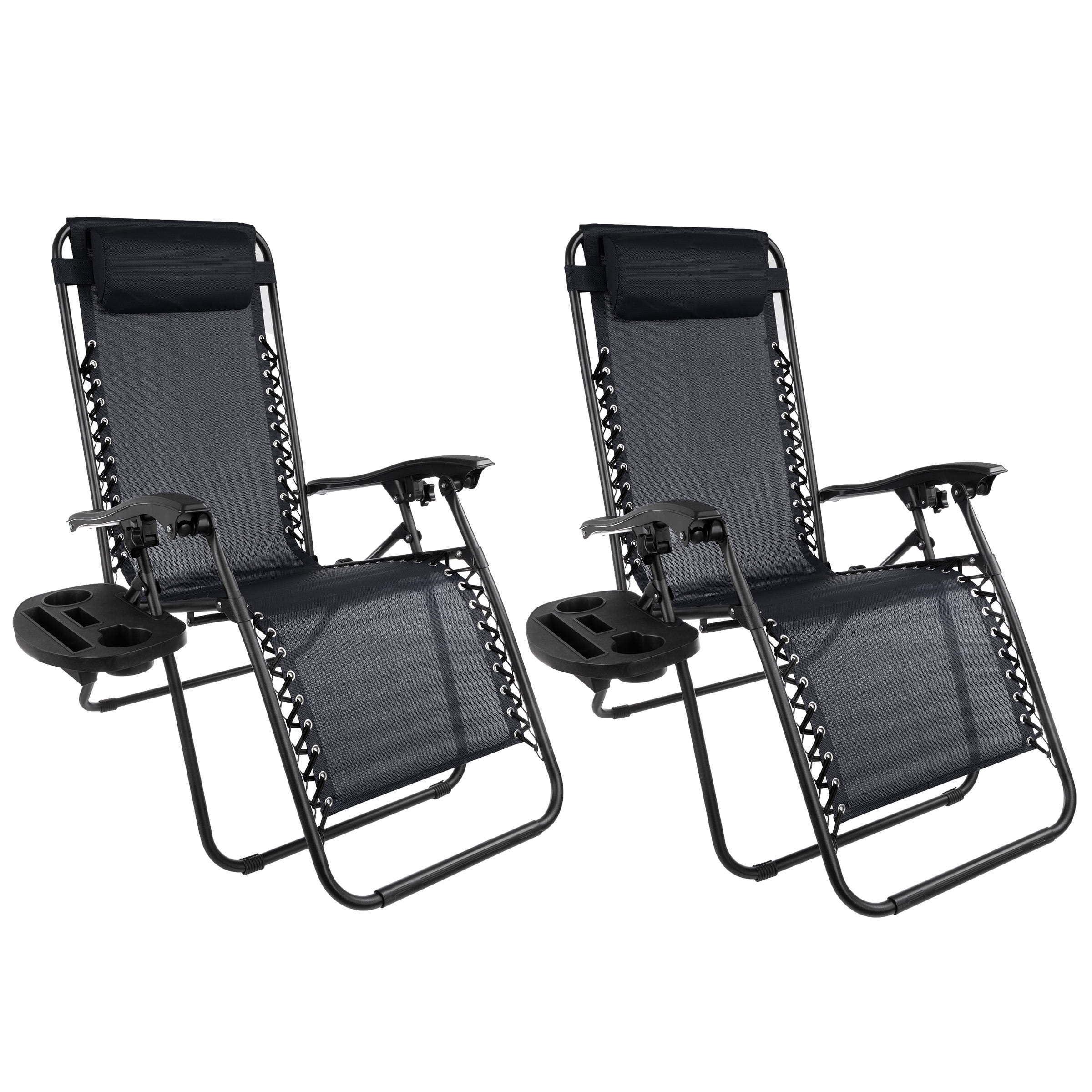 Lavish Home Set of 2 Black Zero Gravity Chairs with Side Table & Cup
