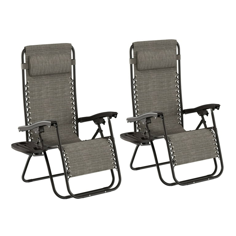 Zero Gravity Lounge Chairs Set of 2 Gray Folding Anti Gravity Recliners Side Table Cup Holder Pillow For Outdoor Lounging by Lavish Home