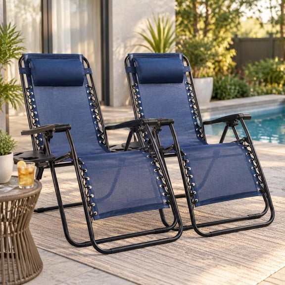 Zero Gravity Lounge Chairs, Set of 2, Outdoor Folding Patio Recliners with Headrest and Cup Holder Tray, Suitable for Lawn, Pool, Beach