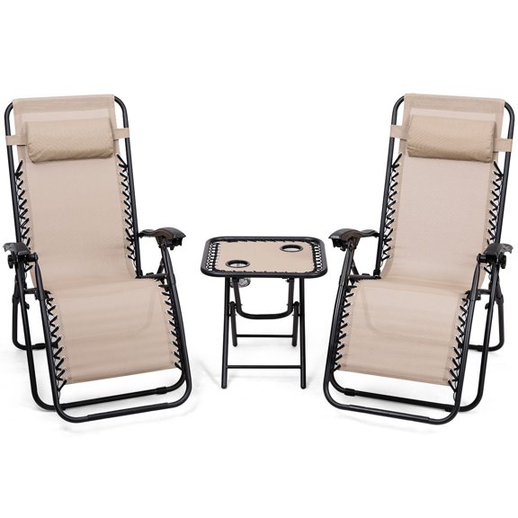 Zero Gravity Patio Lounge Chair Set With Table, Beige, 3-Piece